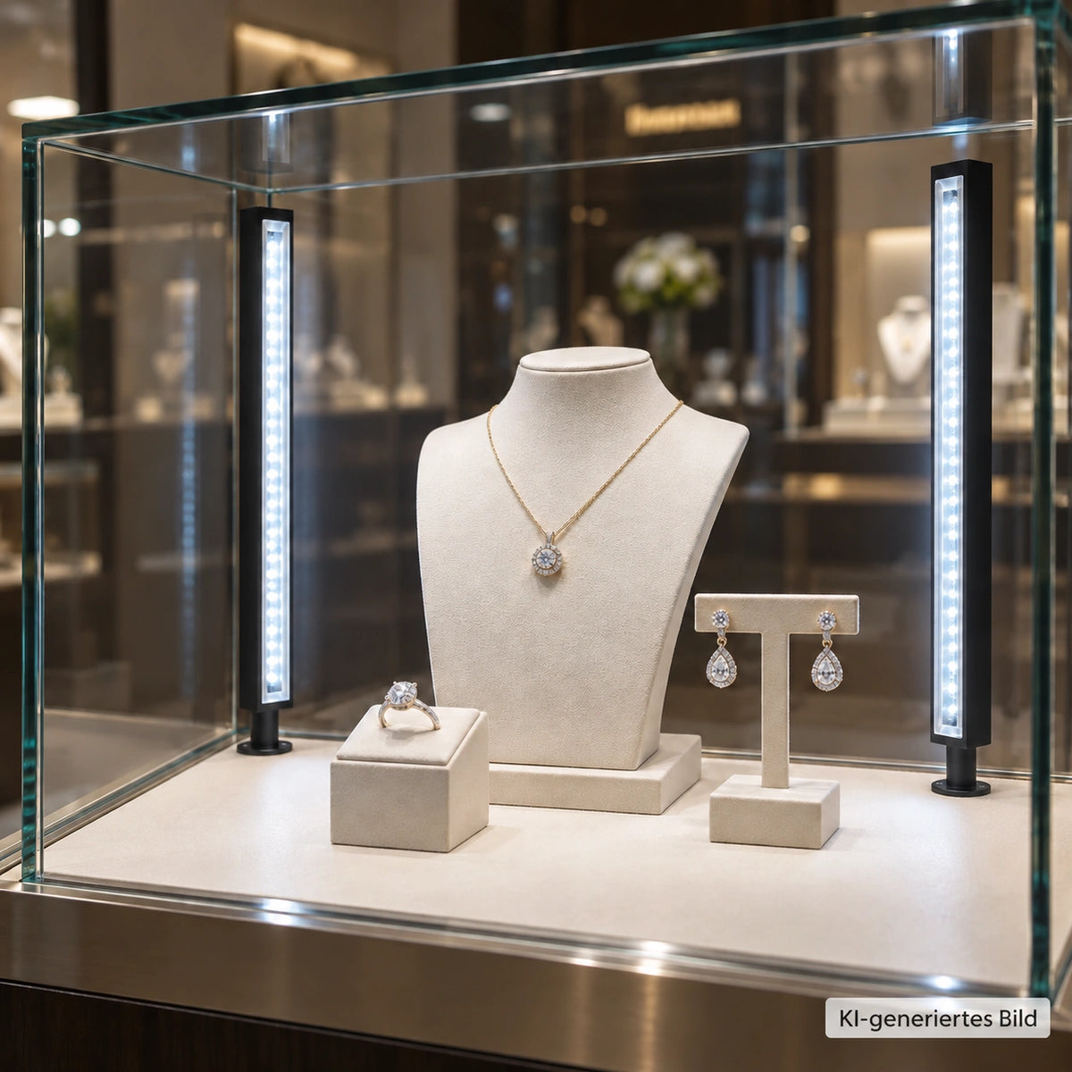 Schmuckvitrine mit zwei senkrecht montierten SEGNO Pervetro Leuchten und kaltweißem Licht – KI-generiertes Anwendungsbeispiel.