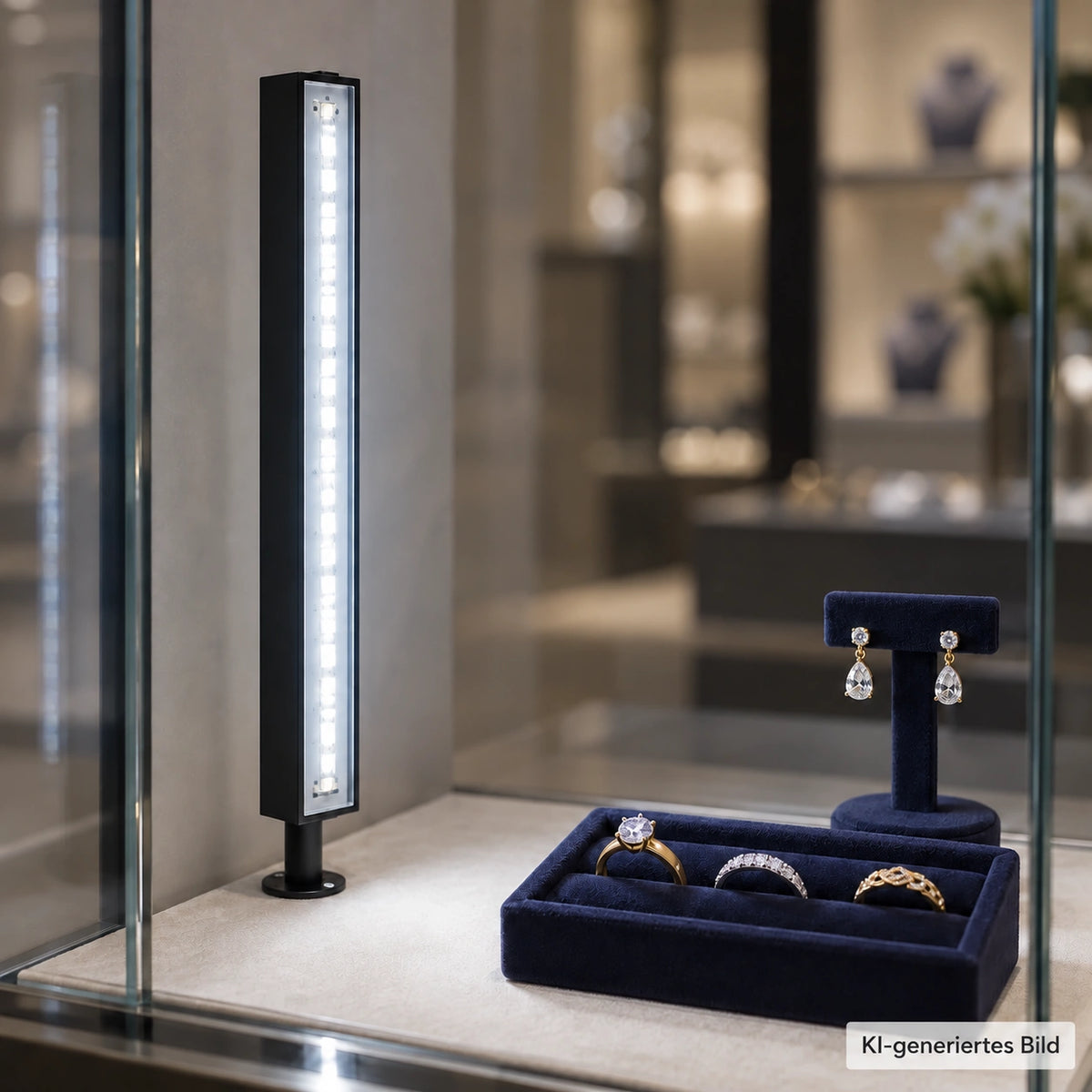 SEGNO Pervetro in der Ecke einer Schmuckvitrine mit Ringen und Ohrringen auf blauem Samt – KI-generiertes Anwendungsbeispiel.