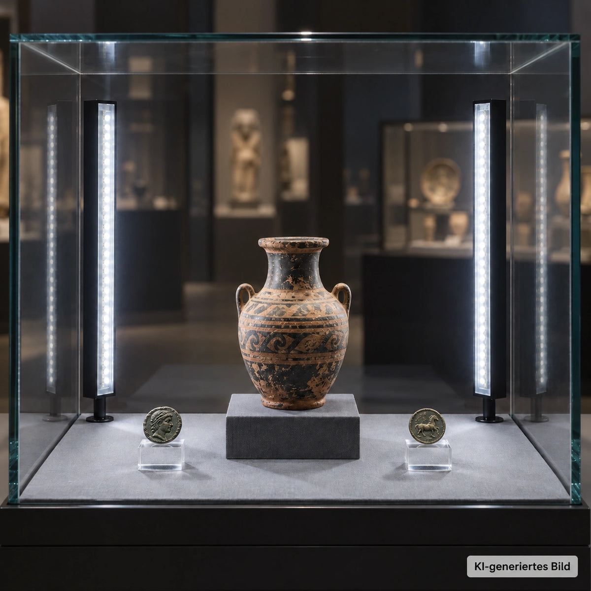 Museumsvitrine mit Keramikgefäß, Münzen und zwei senkrechten SEGNO Pervetro Leuchten – KI-generiertes Anwendungsbeispiel.