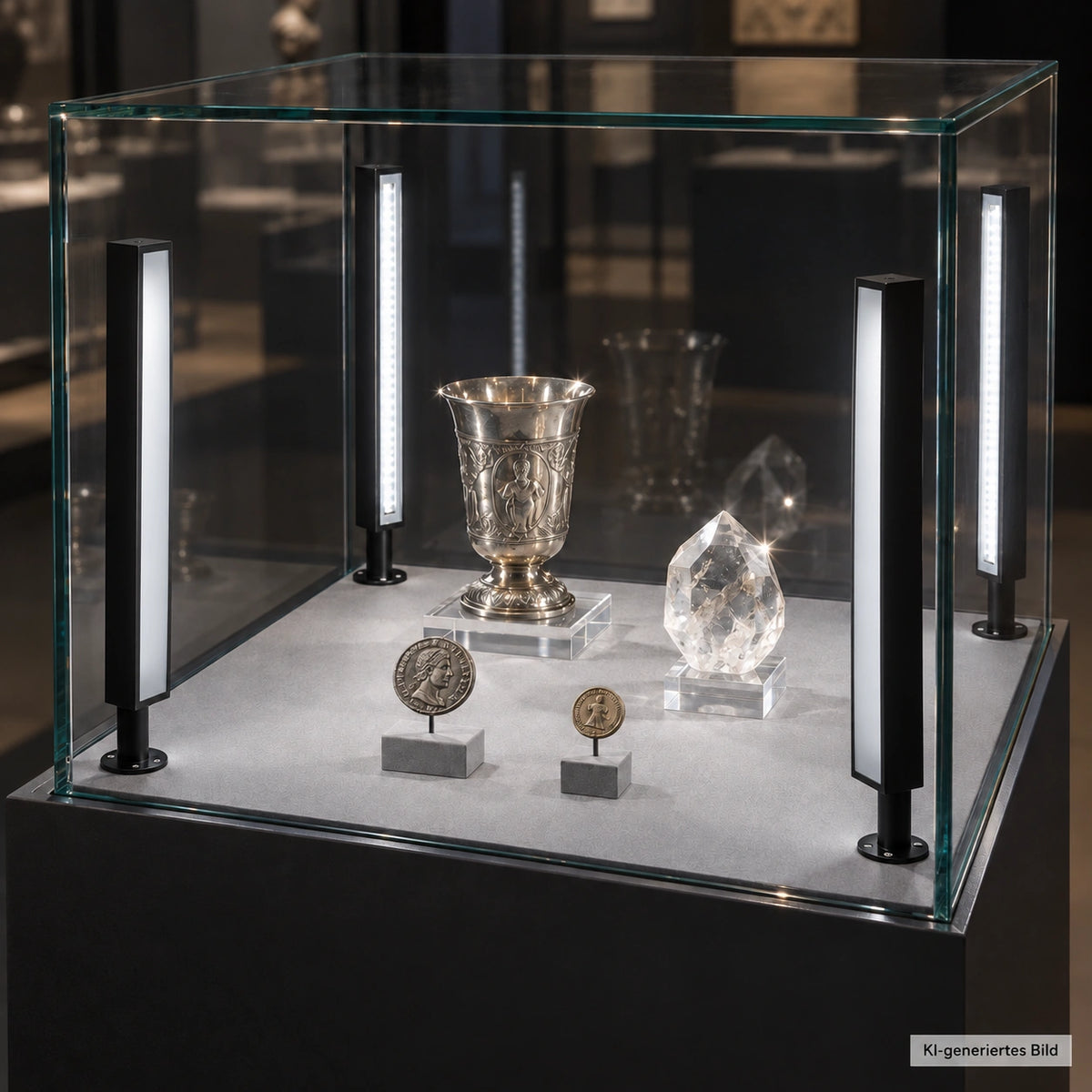 Museumsvitrine mit vier SEGNO Pervetro Leuchten in den Ecken, Silberpokal, Kristall und Münzen mit Lichtreflexen – KI-generiertes Anwendungsbeispiel.