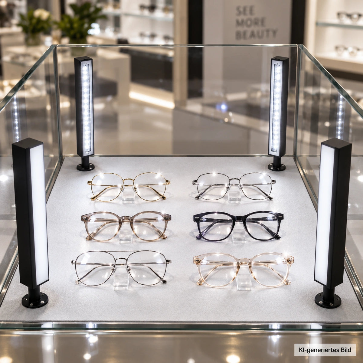 Hell beleuchtete Brillenvitrine mit vier SEGNO Pervetro Leuchten in den Ecken und Glanzreflexen auf Gläsern und Fassungen – KI-generiertes Anwendungsbeispiel.
