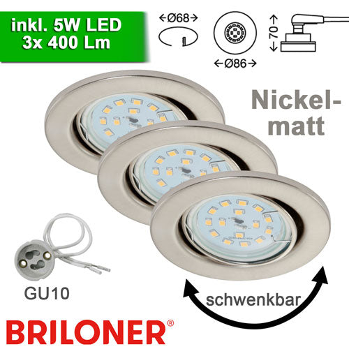 3er Set Einbauspots nickel matt GU10 inkl. 5W LED schwenkbar – Einbaustrahler IP23, schwenkbar, dimmbar, 68mm