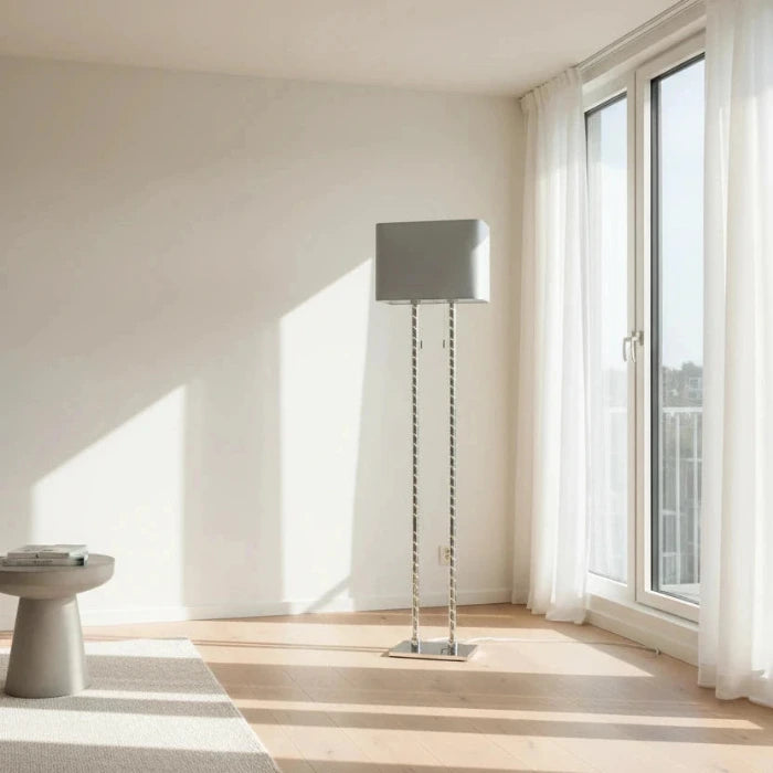 Design LED Stehlampe Double leuchtende Beine Stoffschirm hellgrau