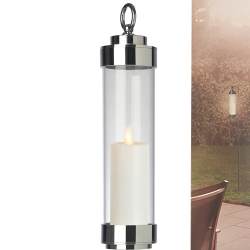 Gartenlaterne hängend mit Stab Chrom Glas Grablicht – Windlicht / Teelichthalter / Teelichtglas – LED Außenlichterkette wette