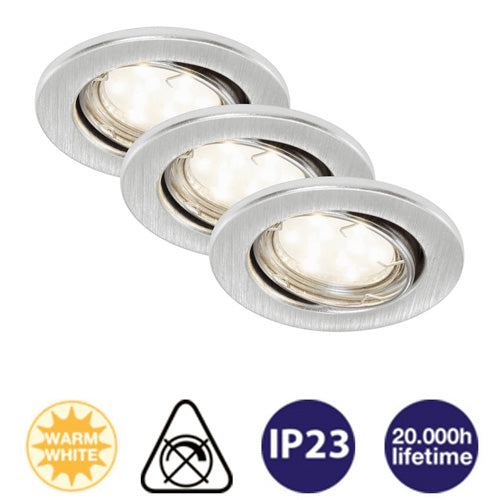 3er Set Einbau Spots Alu rund schwenkbar GU10 inkl. 3W LED – Einbaustrahler IP23, schwenkbar, dimmbar, 68mm