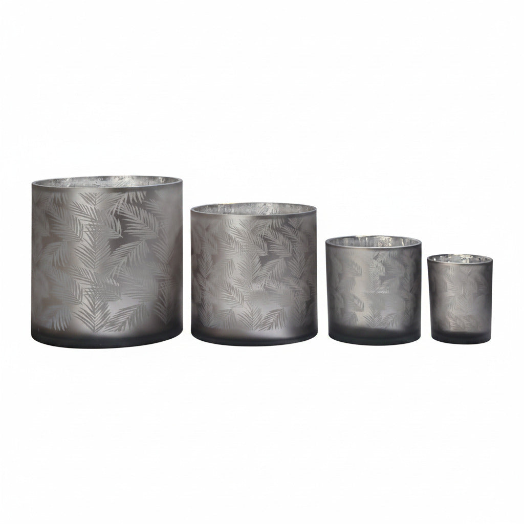 Windlicht Vase aus Glas grau mit Blattmuster 10cm