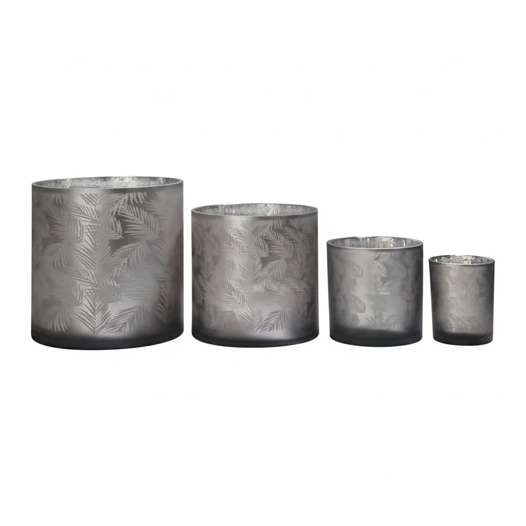Windlicht Vase aus Glas grau mit Blattmuster 10cm