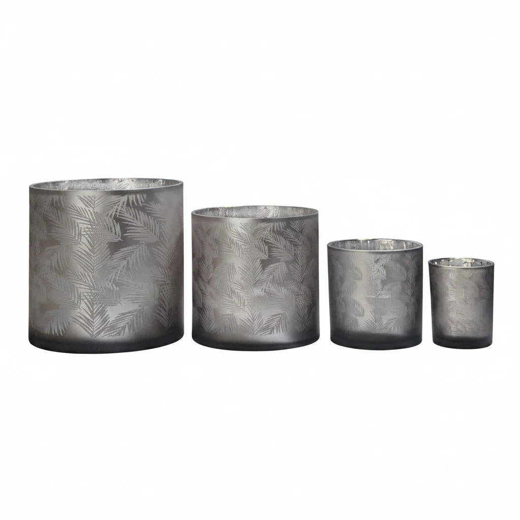 Windlicht Vase aus Glas grau mit Blattmuster 15cm