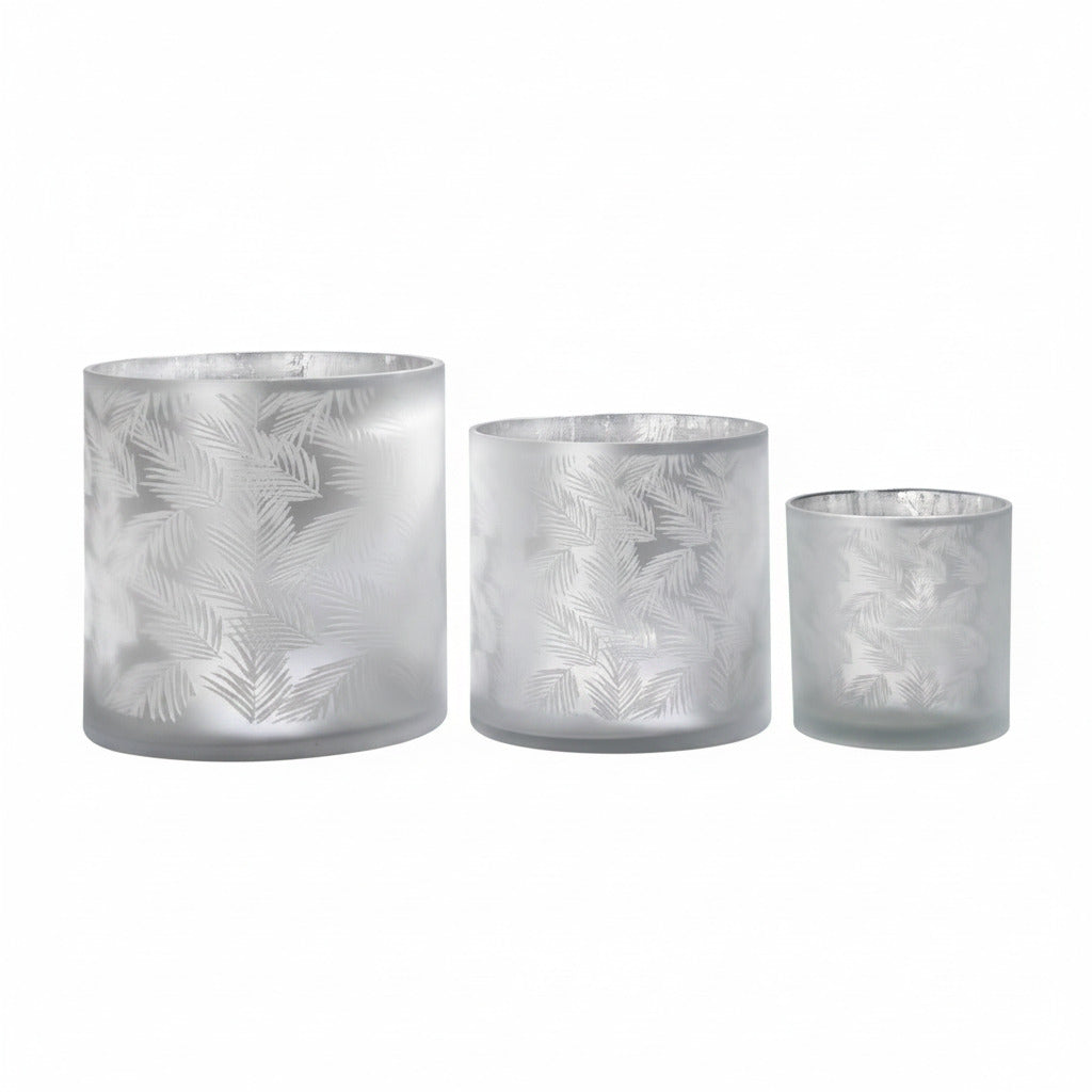 Windlicht Vase aus Glas weiß silber mit Farn 15cm