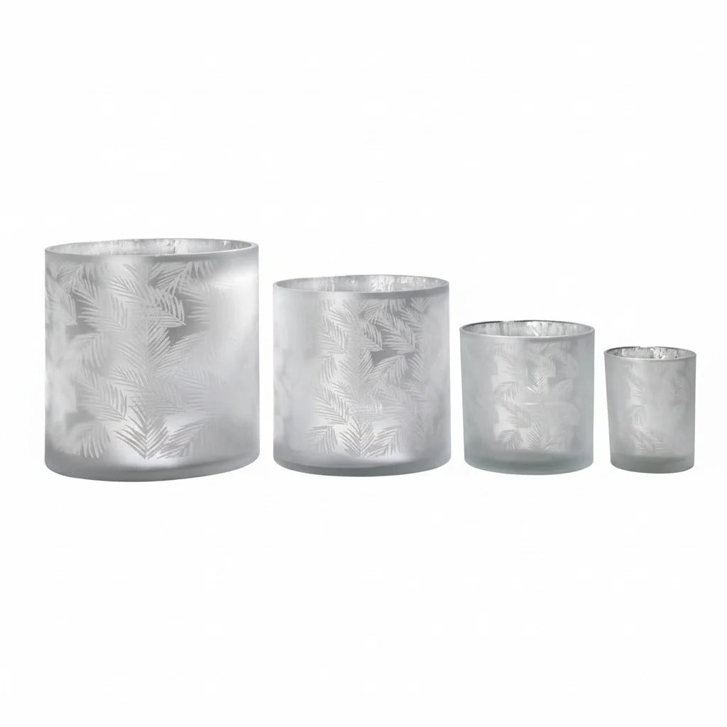 Vase Übertopf aus Glas hellgrau weiß silber mit Farn 24,5cm