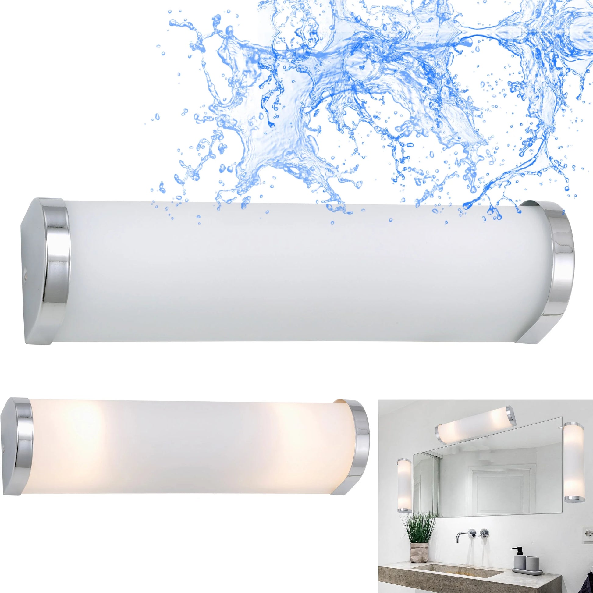 Bad Wandleuchte Milchglas weiß mit Chrom 2x E14 31,5cm spirtwasser geschützt leuchtmittel austauschbar dimmbar spiegelleuchte spiegellampe 32cm weiß matt 