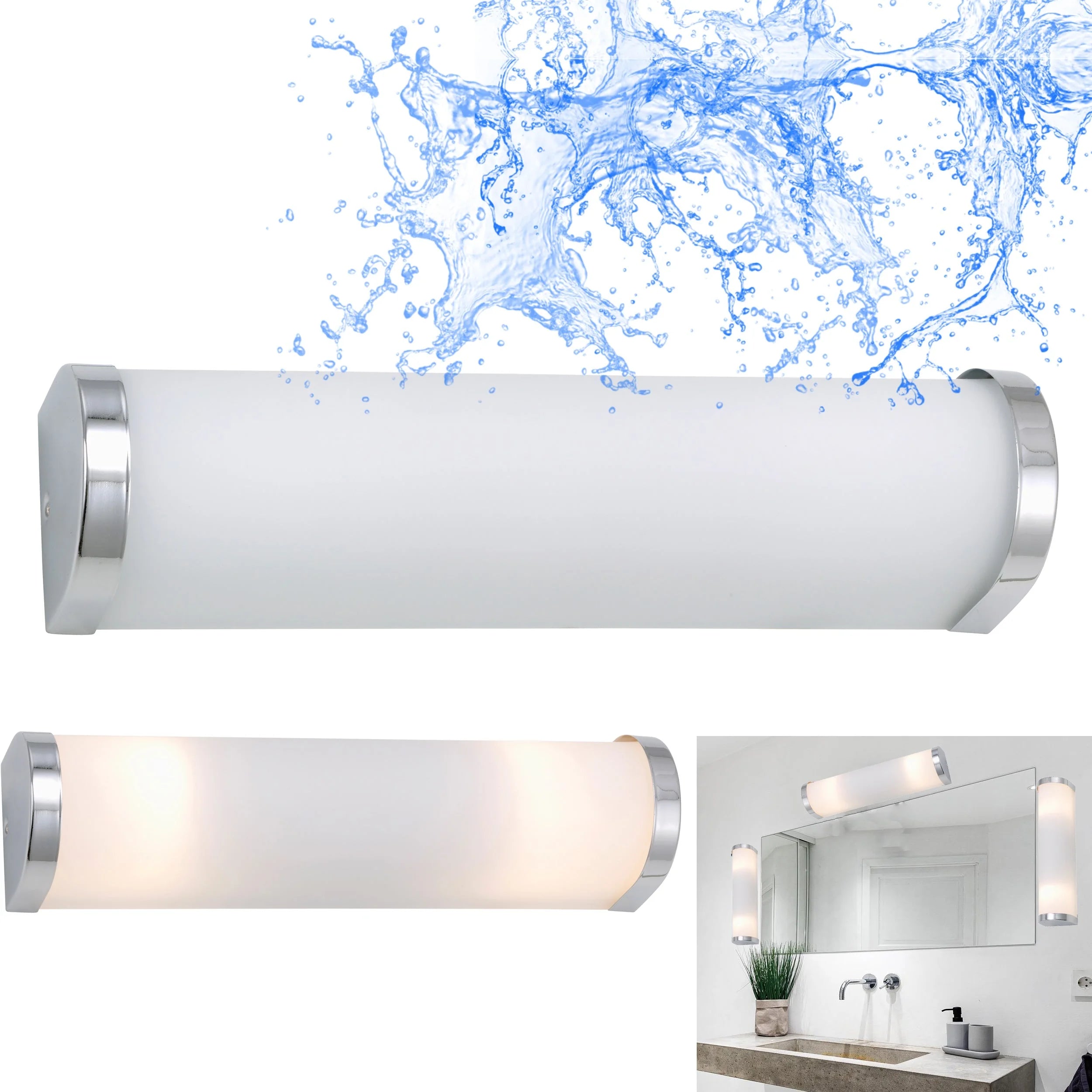 Bad Wandleuchte Milchglas weiß mit Chrom 2x E14 31,5cm spirtwasser geschützt leuchtmittel austauschbar dimmbar spiegelleuchte spiegellampe 32cm weiß matt 