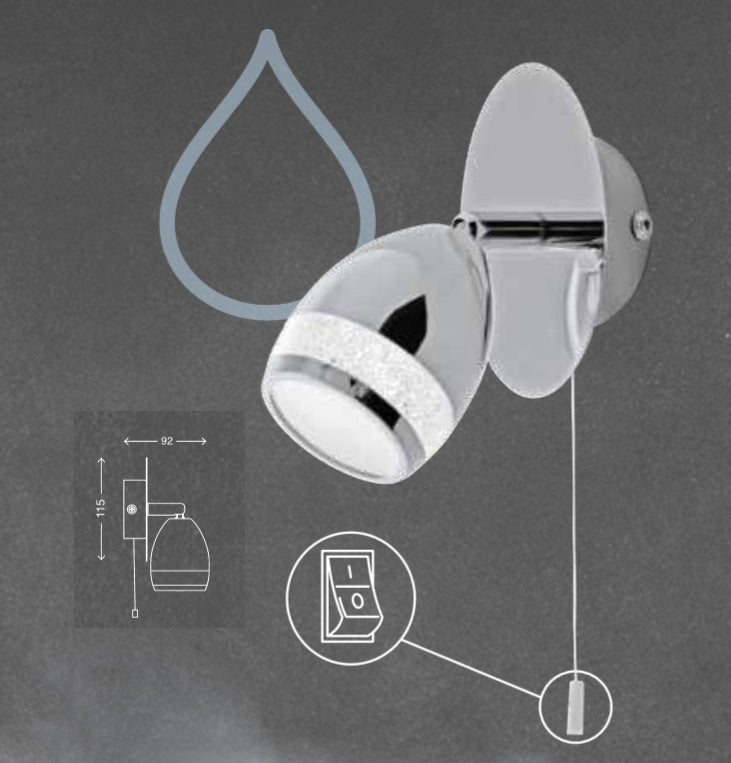 Wandlampe LED mit Zugschalter Chrom Leselampe Glitzer IP44