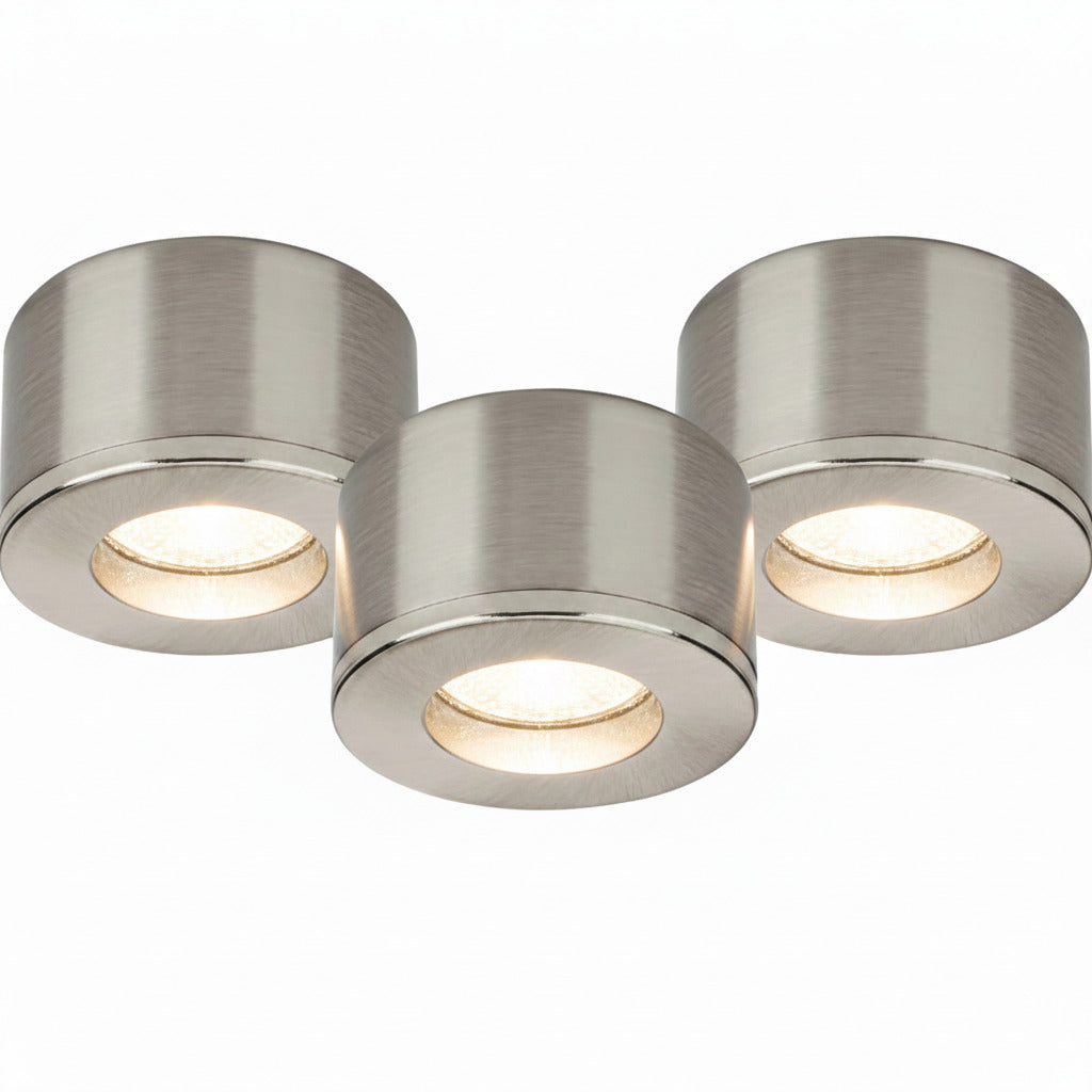 Malmbergs MD-29 LED Kit satin 3er Set LED Spots Einbau & Aufbau dimmbar Alu IP44 36mm – Einbaustrahler IP44, dimmbar, 36mm