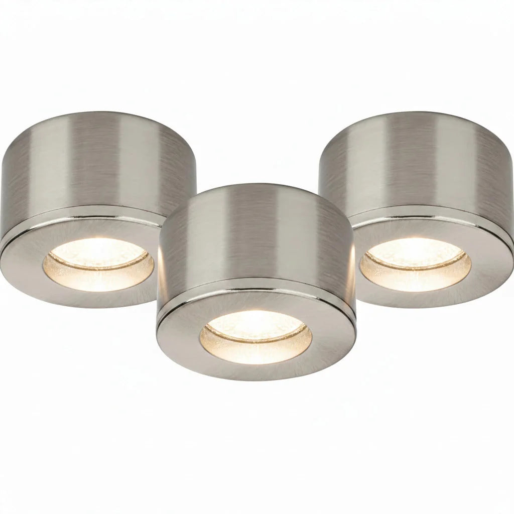 Malmbergs MD-29 LED Kit satin 3er Set LED Spots Einbau & Aufbau dimmbar Alu IP44 36mm – Einbaustrahler IP44, dimmbar, 36mm