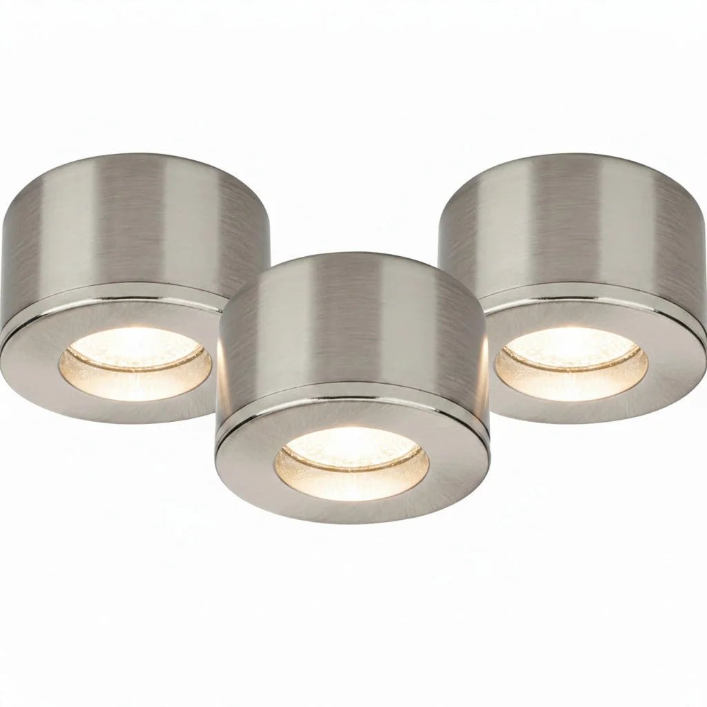 Malmbergs MD-29 LED Kit satin 3er Set LED Spots Einbau & Aufbau dimmbar Alu IP44 36mm – Einbaustrahler IP44, dimmbar, 36mm