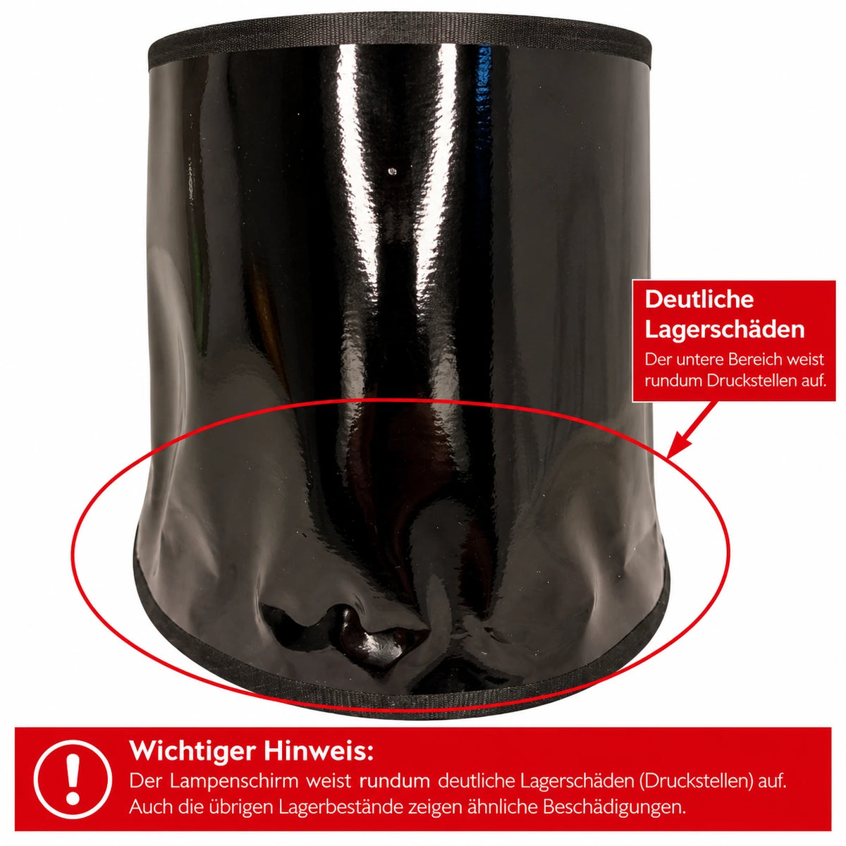 Beschädigter Light & Living Lampenschirm in Schwarz mit rundum sichtbaren Lagerschäden und Druckstellen im unteren Bereich