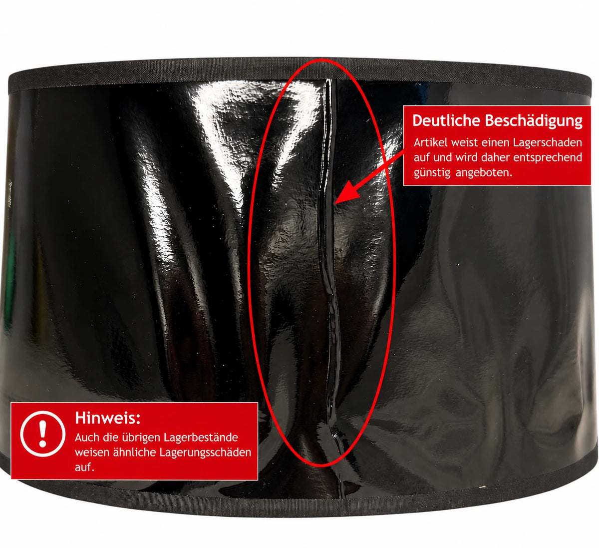Beschädigter Light & Living Lampenschirm in Schwarz mit markierter Lagerschadenstelle und Hinweis auf ähnliche Beschädigungen im Lagerbestand