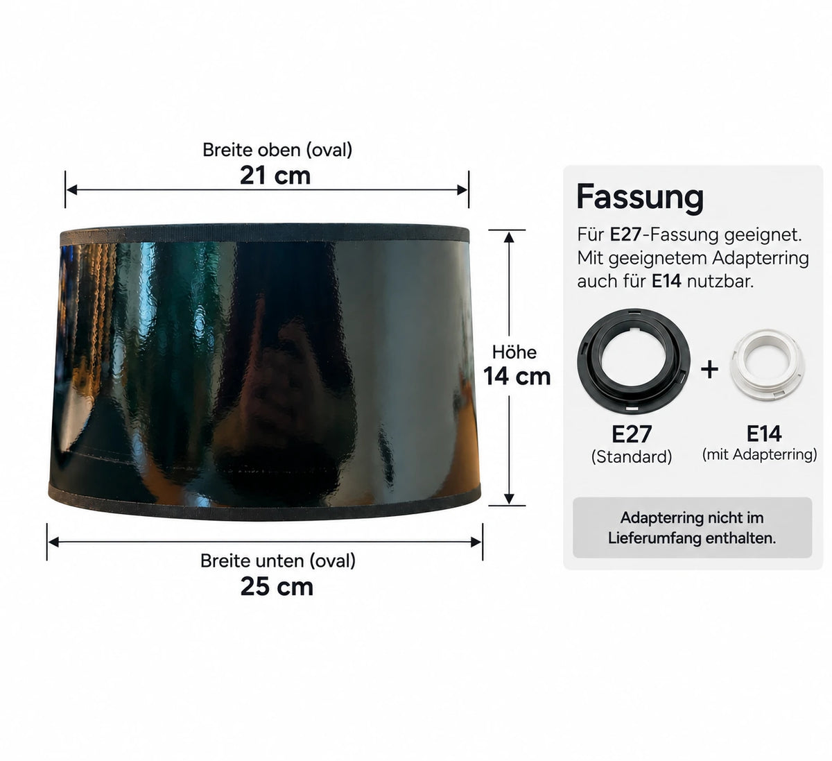Maßgrafik des ovalen Lampenschirms mit 21 cm oben, 25 cm unten, 14 cm Höhe und E27-Aufnahme