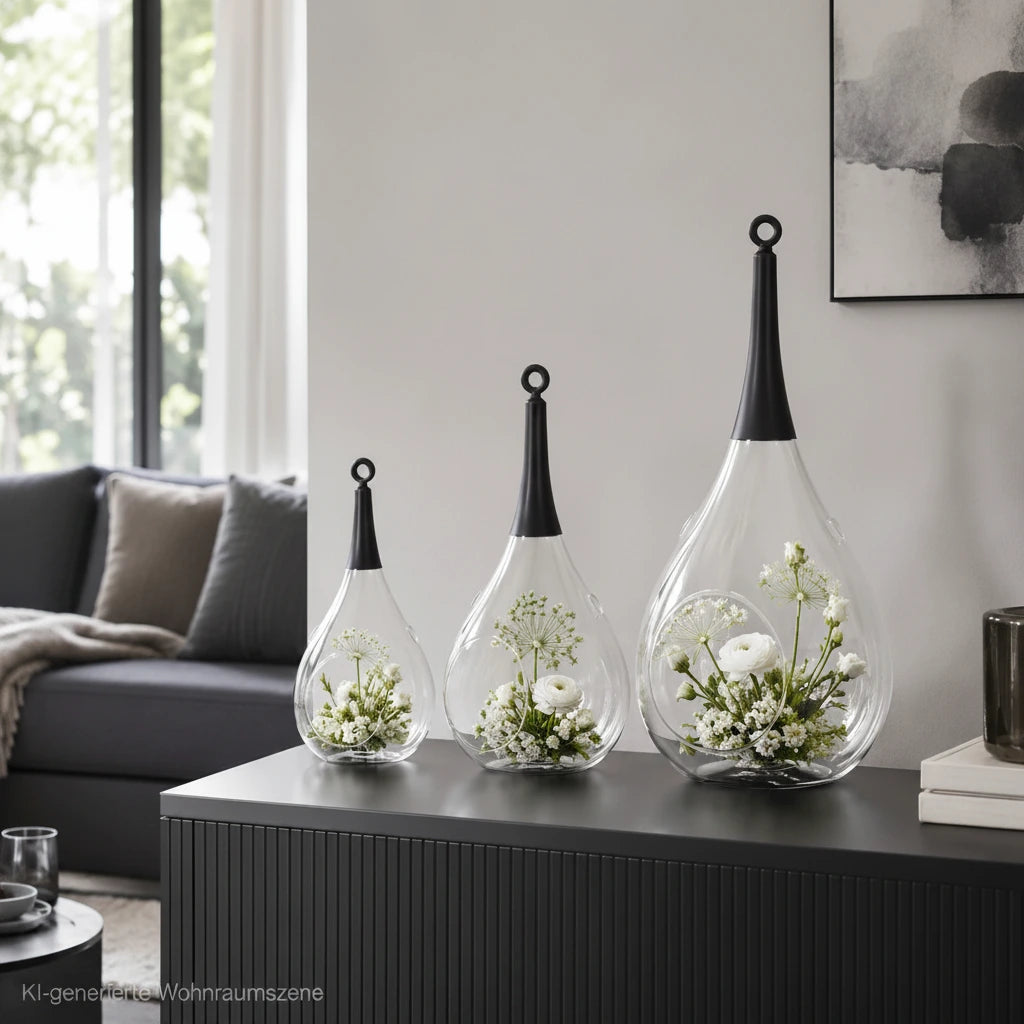 Drei Taura Glas-Windlichter in verschiedenen Größen mit weißen Blumen auf einem schwarzen Sideboard im modernen Wohnzimmer