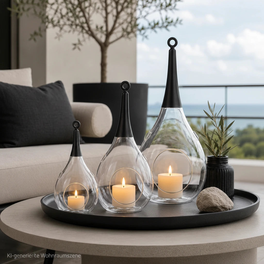 3er Set Taura Windlichter aus Glas mit leuchtenden Kerzen auf einem Tablett in einem modernen Wohnzimmer