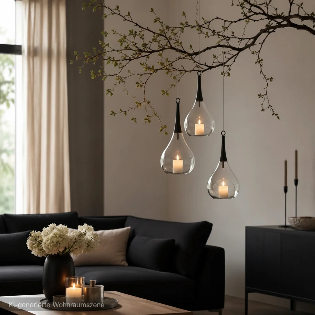 Drei Taura Hänge-Windlichter aus klarem Glas mit Kerzen dekorativ an einem Ast im modernen Wohnzimmer aufgehängt