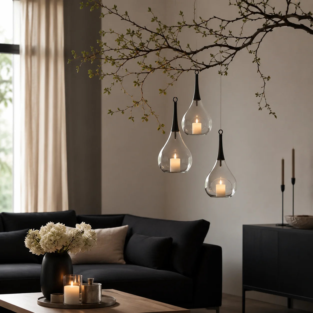 Drei Taura Hänge-Windlichter aus klarem Glas mit Kerzen dekorativ an einem Ast im modernen Wohnzimmer aufgehängt