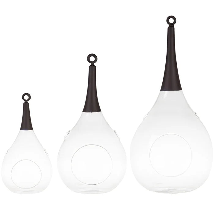 3er Set Taura schwarz Windlicht zum aufhängen Glas Hängedekoration mundgeblasen, handbemalt