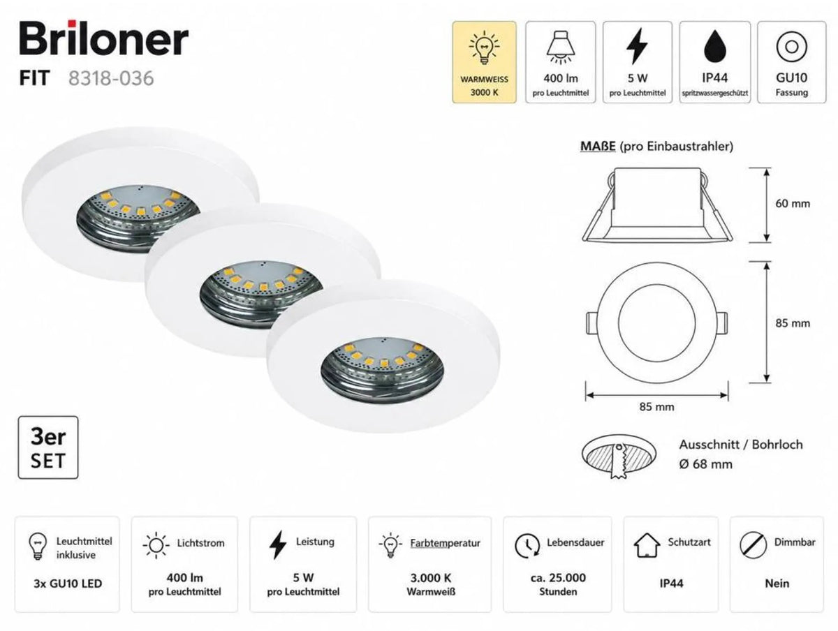 Briloner Fit LED Einbauleuchten 3er Set weiß – IP44, GU10 5W, warmweiß, 3000 K 68mm Loch