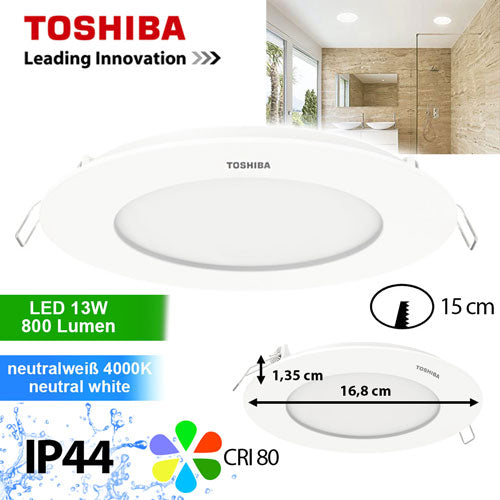 Toshiba LED Panel Downlight rund 13W 15cm neutralweiß – Einbaustrahler IP44, dimmbar