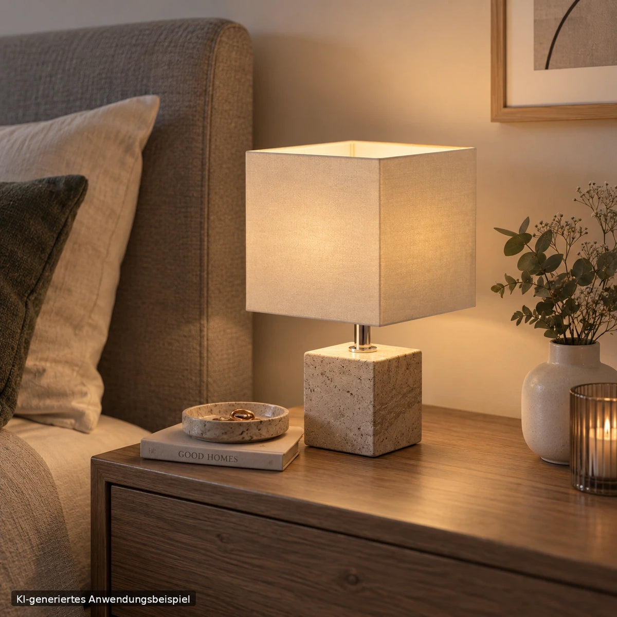 Anwendungsbeispiel des weißen Light & Living Stoff-Lampenschirms auf einer Nachttischlampe