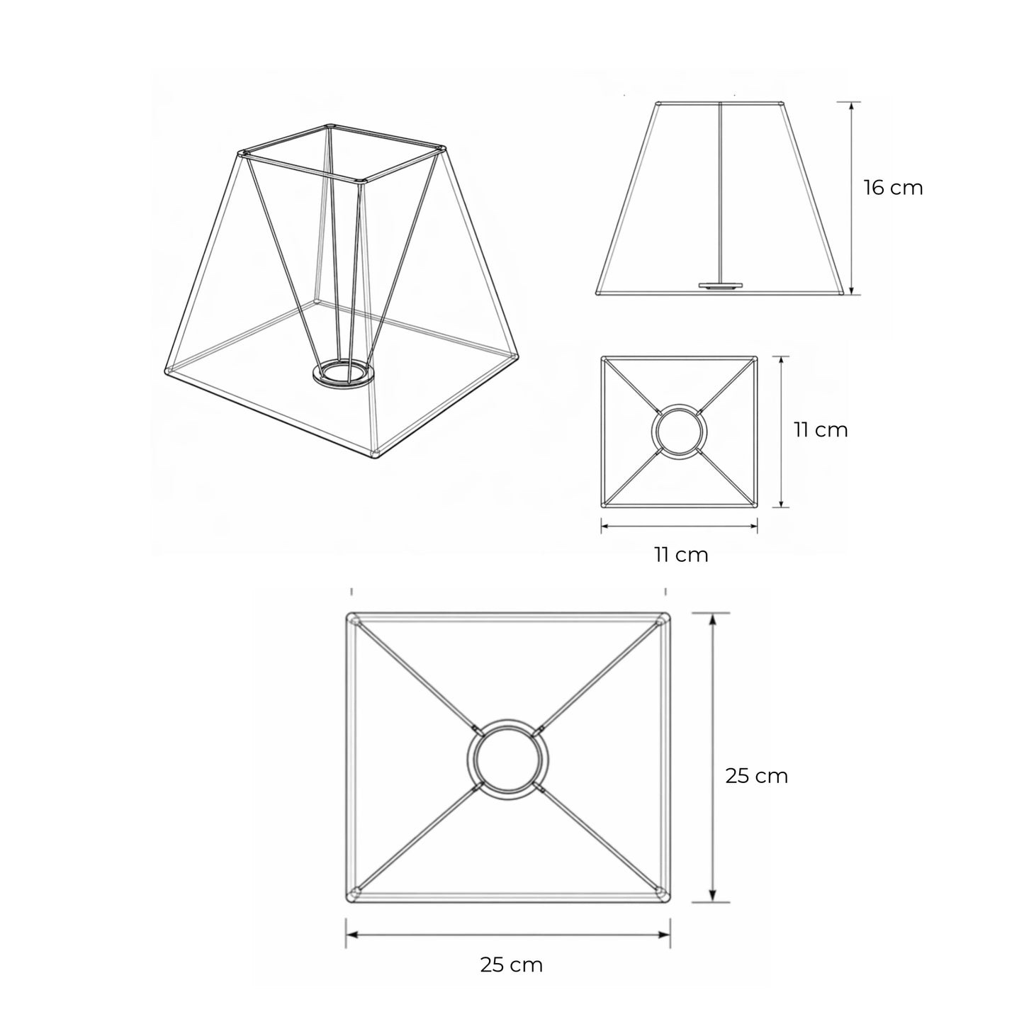 Konstruktionszeichnung des quadratischen Lampenschirms: Höhe 16 cm, obere Öffnung 11×11 cm, untere 25×25 cm; mit kreisrunder E27‑Fassung in der Mitte,Artikelnummer 30425-636.