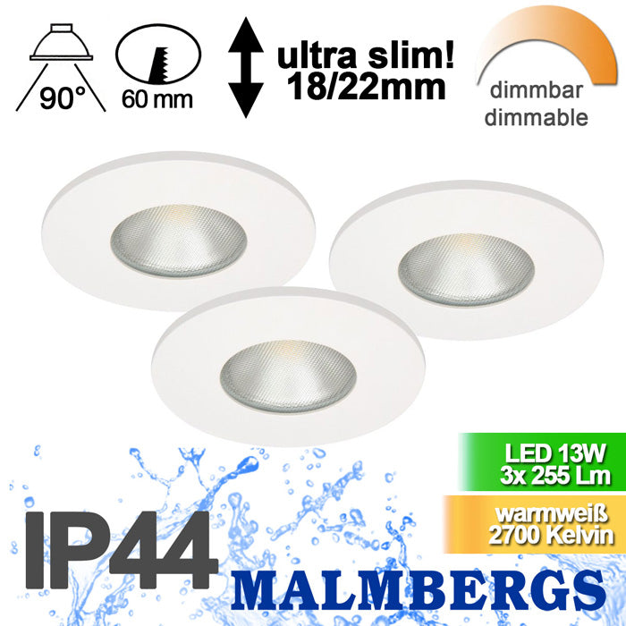 3er Set LED Einbau Spots dimmbar weiß ultra slim IP44 13W MD-315 – Einbaustrahler IP44, dimmbar
