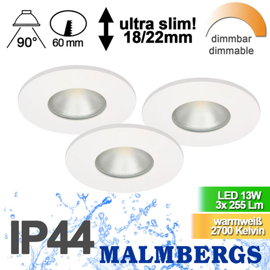 3er Set LED Einbau Spots dimmbar weiß ultra slim IP44 13W MD-315 – Einbaustrahler IP44, dimmbar