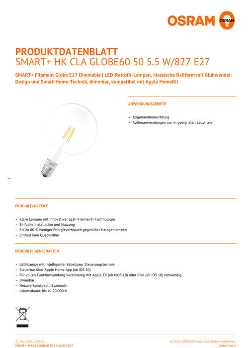 Osram Smart+ Filament Globe E27 5.5W dimmbar für Apple