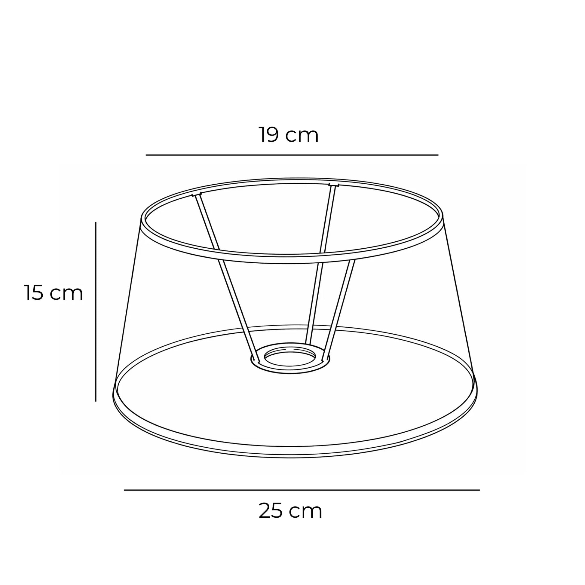Artikel 5825-649, Maßgrafik vom weißen Lampenschirm mit 19 cm oben, 25 cm unten und 15 cm Höhe.
