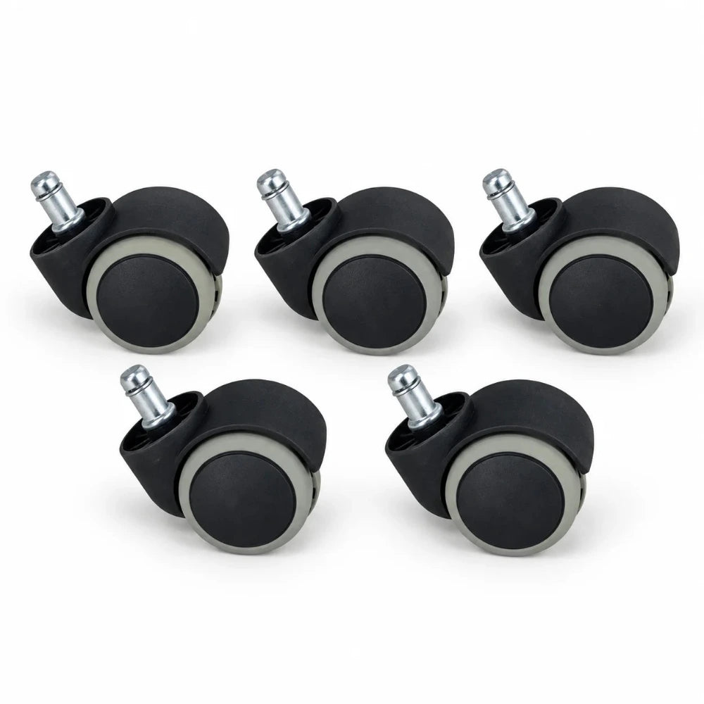 5er-Set bodenschonende Hartbodenrollen für Bürostühle mit schwarzen Gehäusen und grauen 50-mm-Laufflächen.