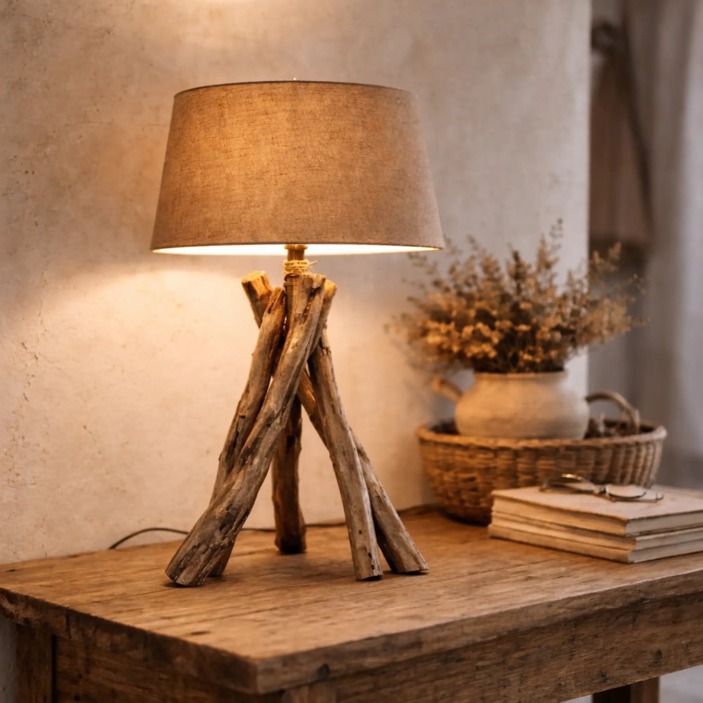     Leuchtender Lampenschirm 5825-648 auf Tischleuchte mit naturbelassenem Holzfuß, warmes Licht neben Büchern und Trockenblumen. 