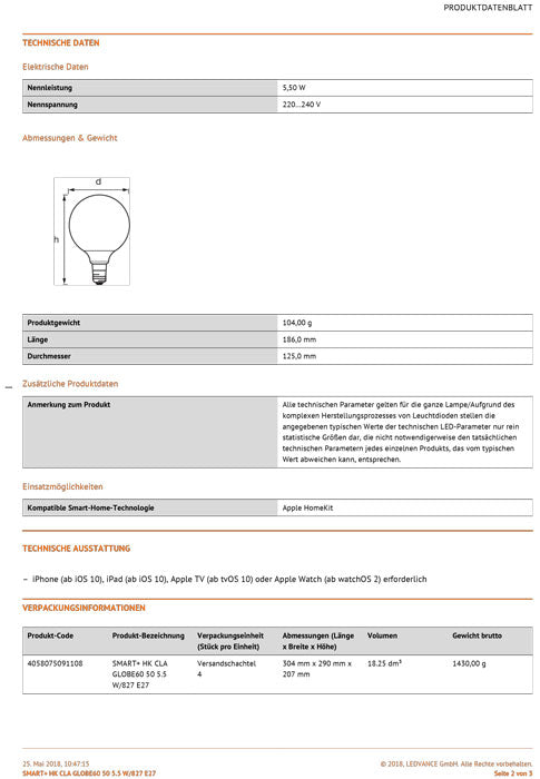 Osram Smart+ Filament Globe E27 5.5W dimmbar für Apple