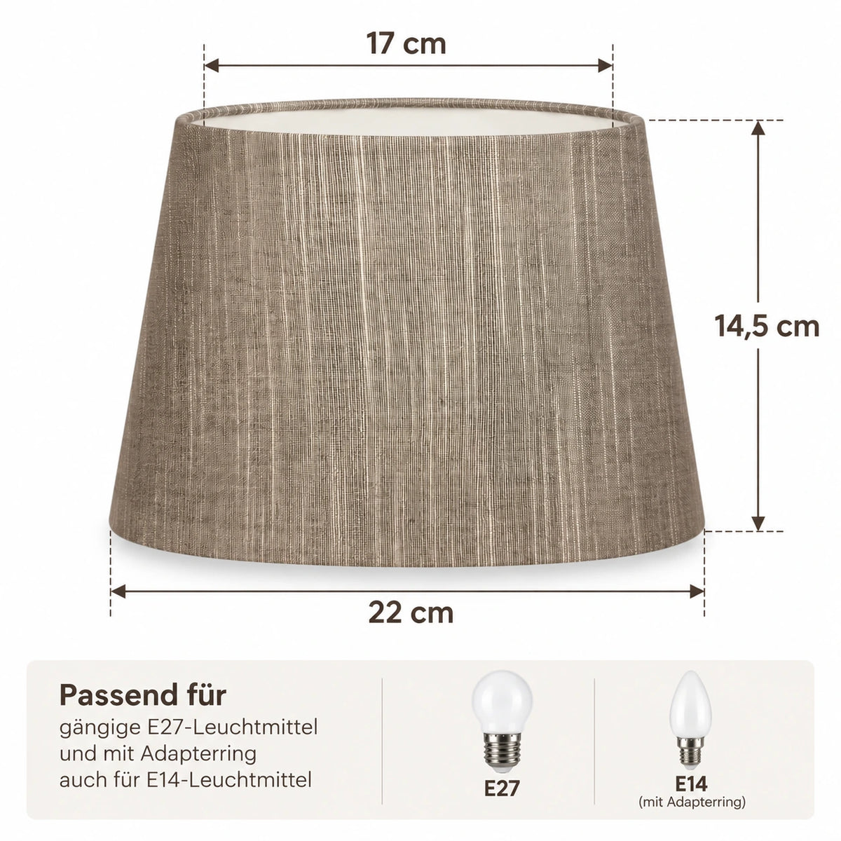 Maßgrafik des ovalen Various Lampenschirms mit 17 cm oben, 22 cm unten und 14,5 cm Höhe