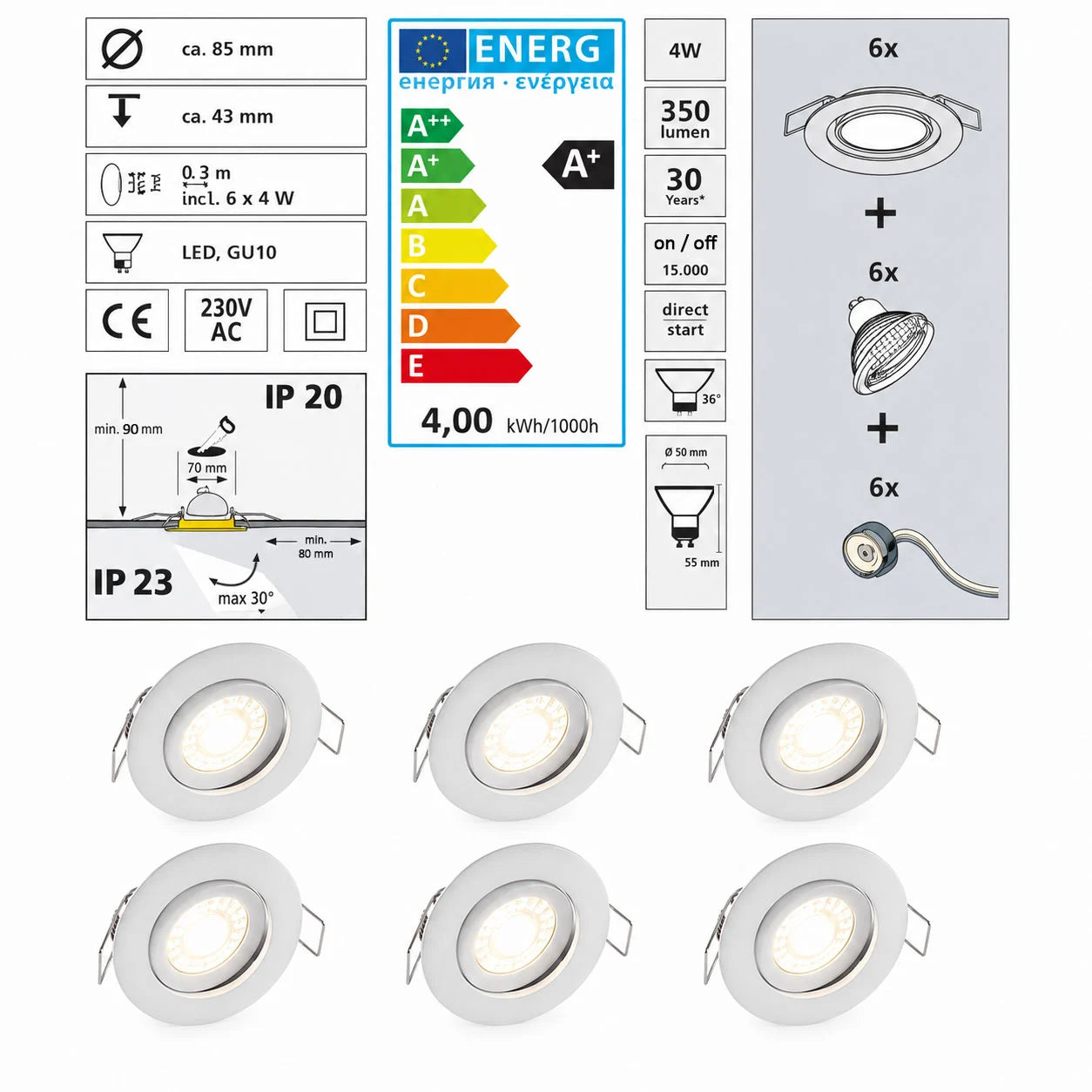 6er Set LED Einbausstrahler GU10 schwenkbar 70mm weiß inkl. LED 4W IP23 brilliant ag franca HK14715S05