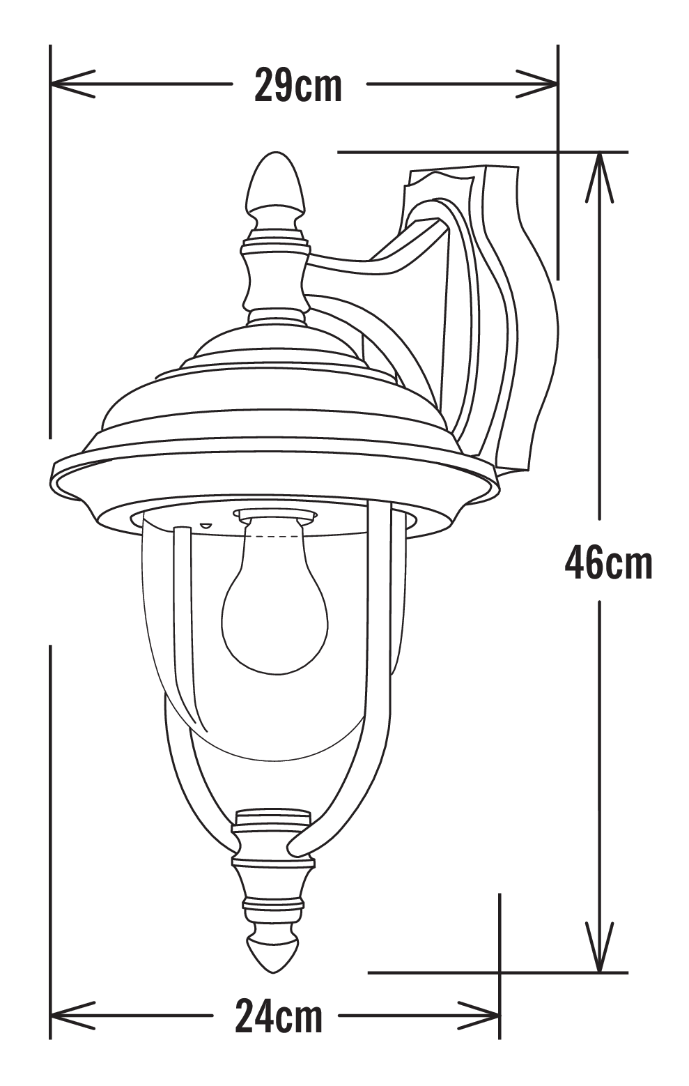 Maßzeichnung aussenwandlampe parma weiß 46cm hoch 29 cm tief konstsmide 7222-250