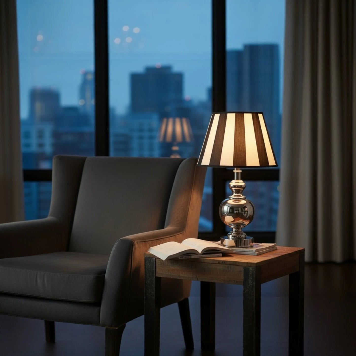 Lampenschirm KING 3725227 mit Streifen in schwarz weiß, auf einer Tischlampe mit Silbernen Lampenfuß auf einem Holztisch im Wohnzimmer