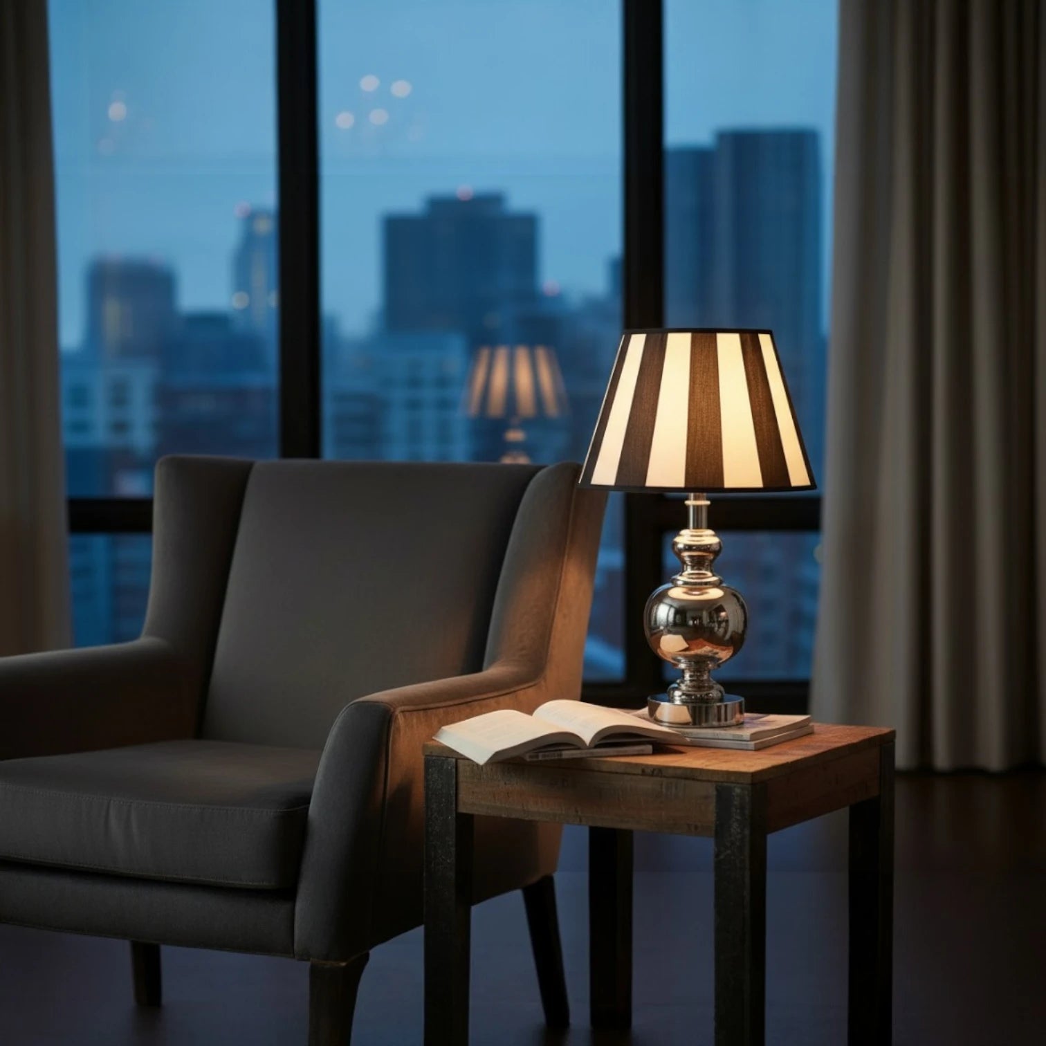 Lampenschirm KING 3725227 mit Streifen in schwarz weiß, auf einer Tischlampe mit Silbernen Lampenfuß auf einem Holztisch im Wohnzimmer