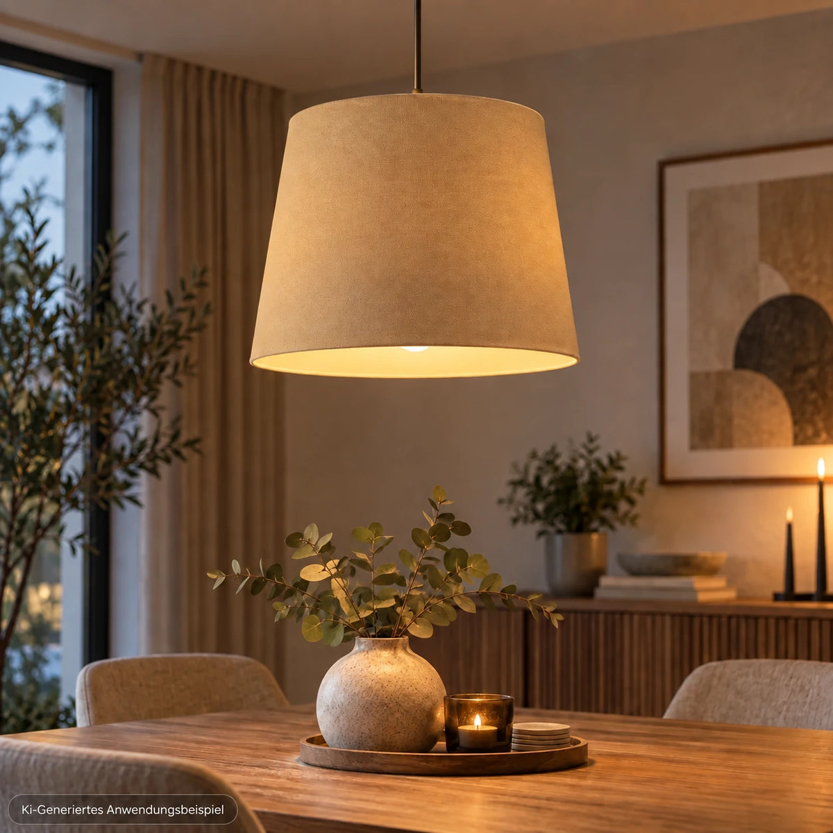 Anwendungsbeispiel des beigen Lampenschirms als Tischlampe, Stehlampe und Pendelleuchte