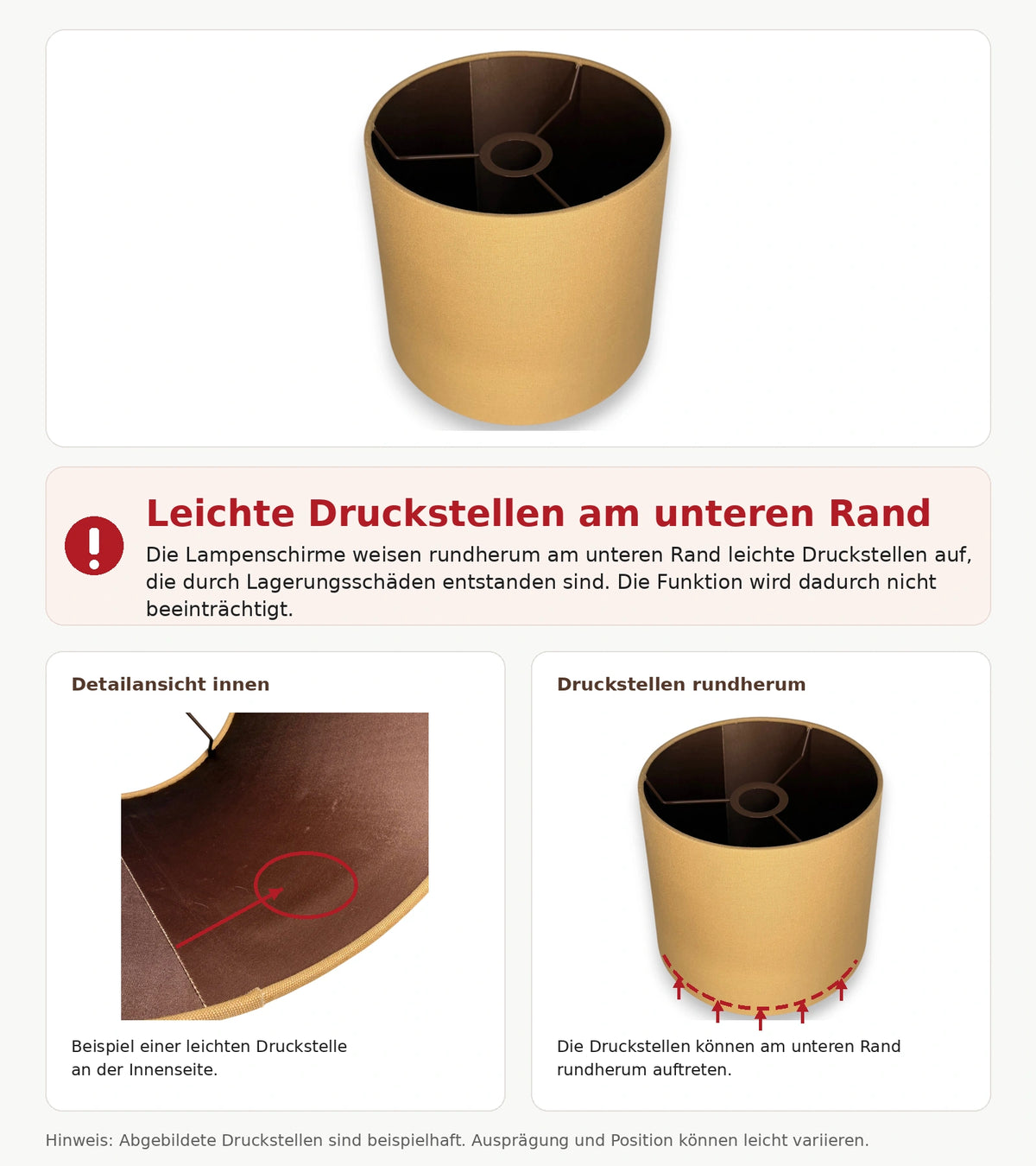 Hinweisbild zu leichten lagerungsbedingten Druckstellen rundherum am unteren Rand des beigen Lampenschirms