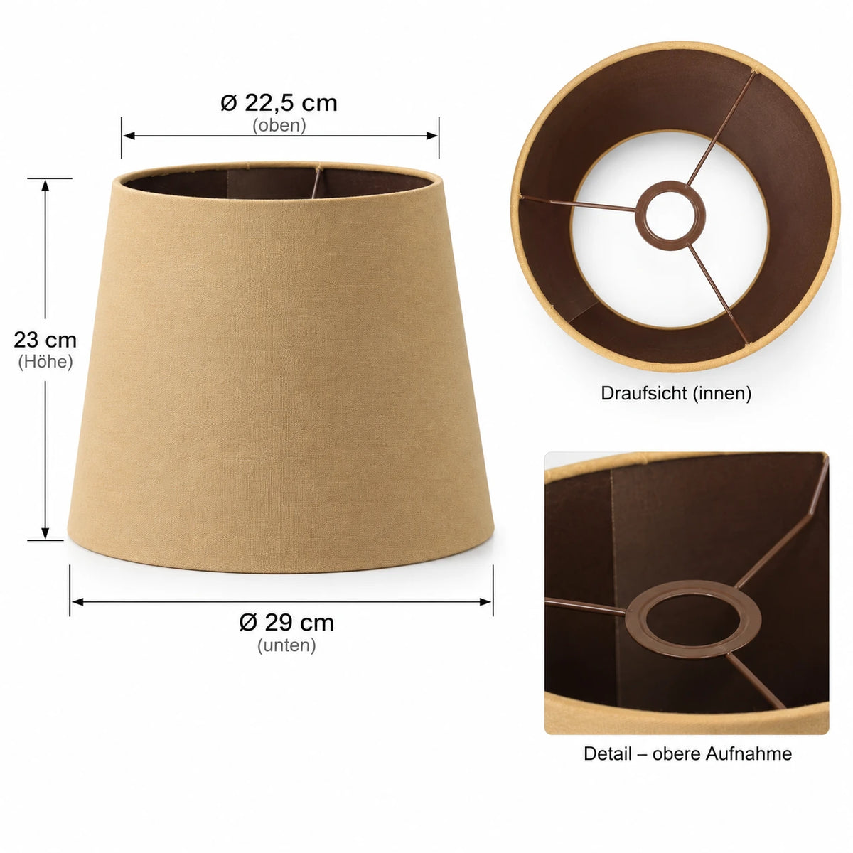 Maßgrafik des beigen Lampenschirms mit 22,5 cm oben, 29 cm unten und 23 cm Höhe sowie oberer Fassungshalterung