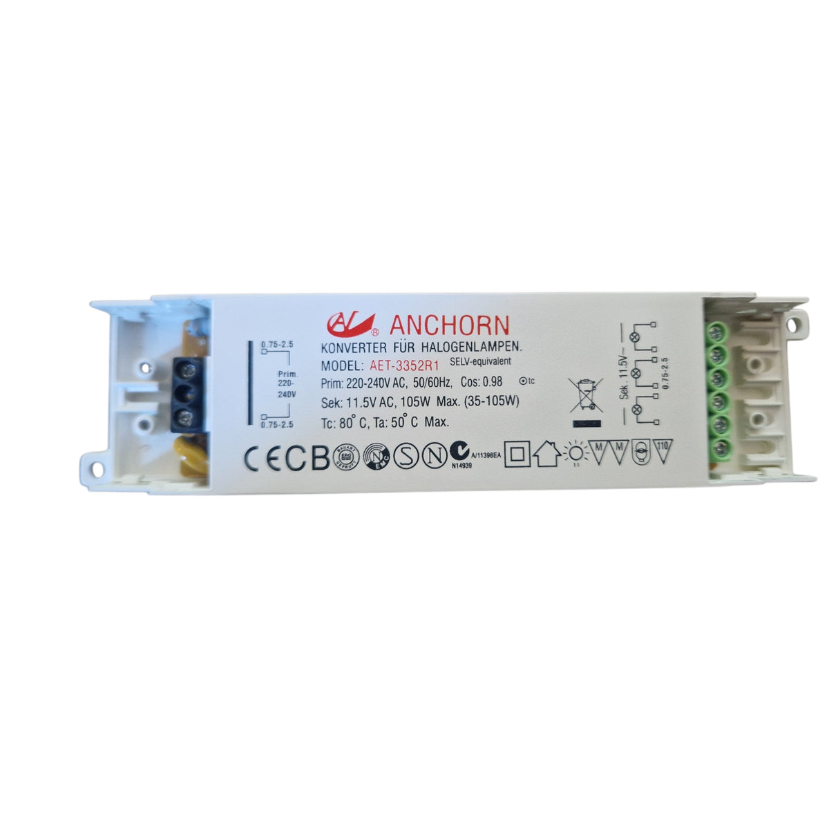 Anchorn AET-3352R1 Halogen 12V Ersatztrafo 35-105W – Elektronischer Konverter 11,5V AC 105W (3 Ausgänge)