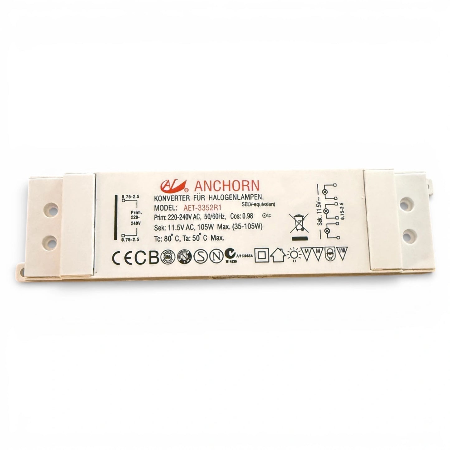 Anchorn AET-3352R1 Halogen Ersatztrafo 12V 35-105W. Elektronischer Transformator 105W mit Kurzschluss-, Überlast- & Thermoschutz. EN61347 geprüft.