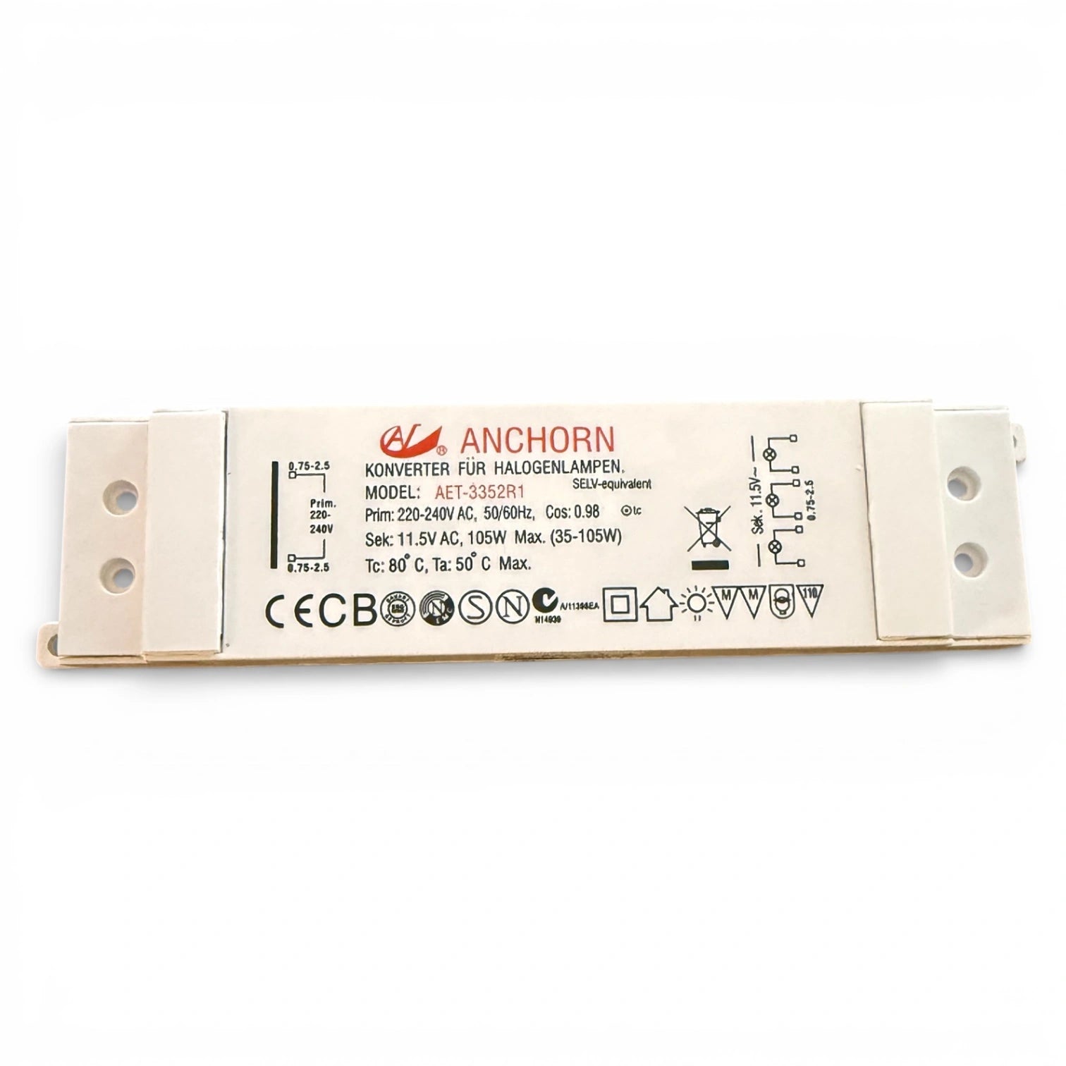 Anchorn AET-3352R1 Halogen Ersatztrafo 12V 35-105W. Elektronischer Transformator 105W mit Kurzschluss-, Überlast- & Thermoschutz. EN61347 geprüft.